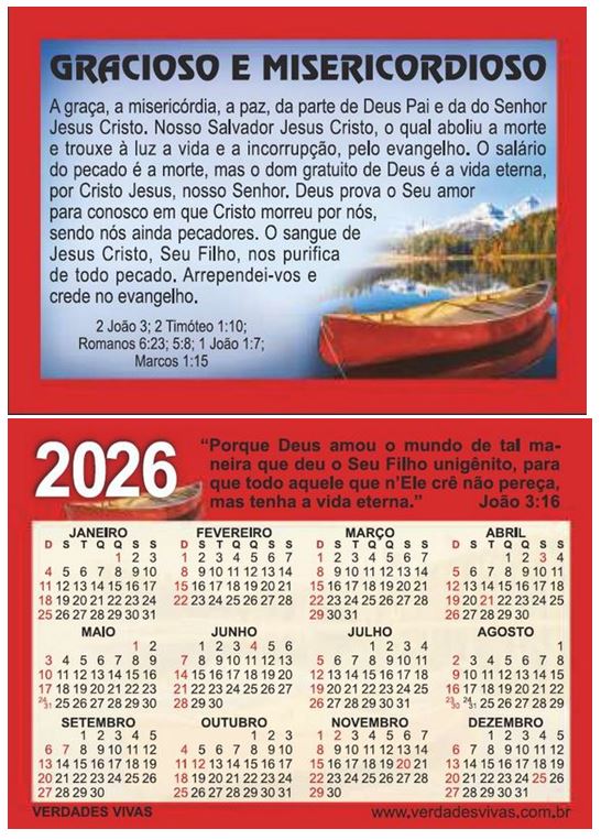 Pacote com 50 Calendários de Bolso 2026 (8,5x6cm)
